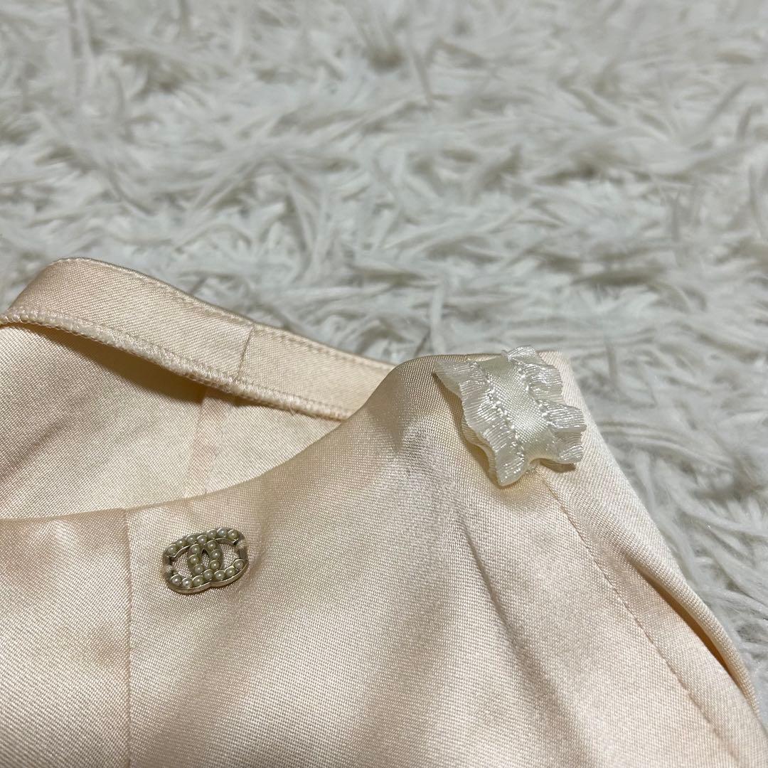 CHANEL シルク100% ココマーク パール リボン 光沢 フレアスカート