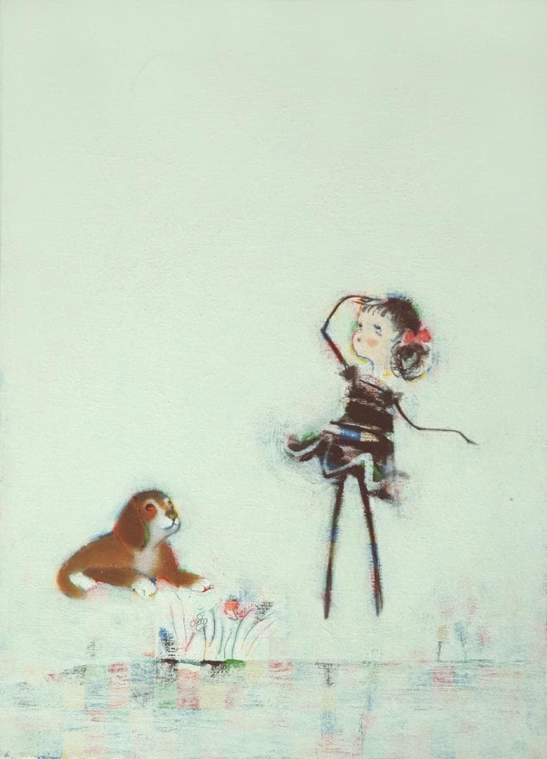 油絵菅家令子絵 絵画インテリア額付(青緑＋金色の枠)F4-072319子犬女の子