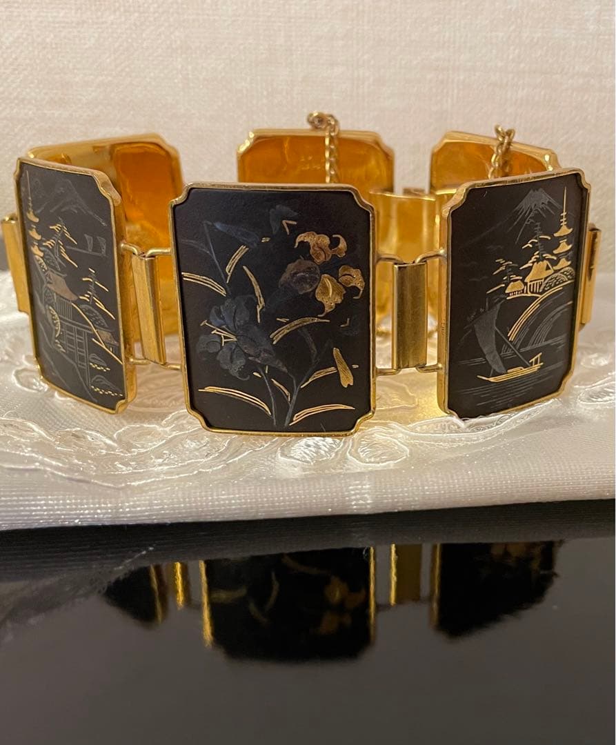 アミタ　象嵌細工　24Kゴールド& シルバー　6パネル　レディースブレスレット