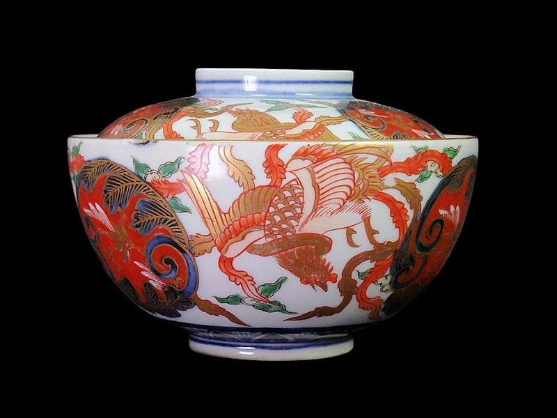 古伊万里 金襴手 鳳凰に赤玉唐草の図 大振蓋茶碗 AS-CXo