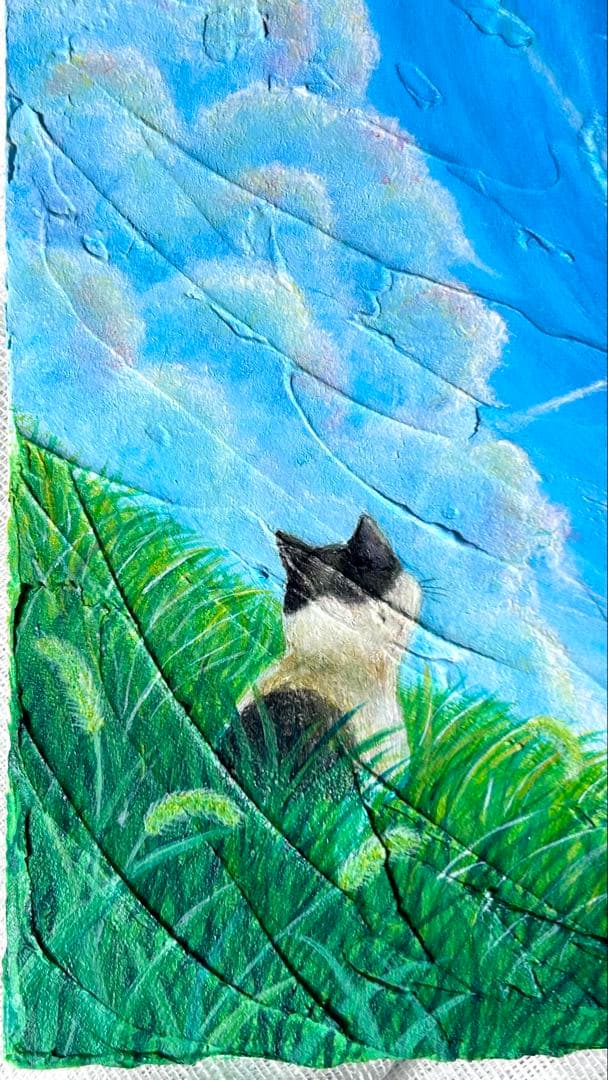 「いま、ここにいる」空の絵　猫の絵　キャンバス　メディウム　立体アート　雲の絵