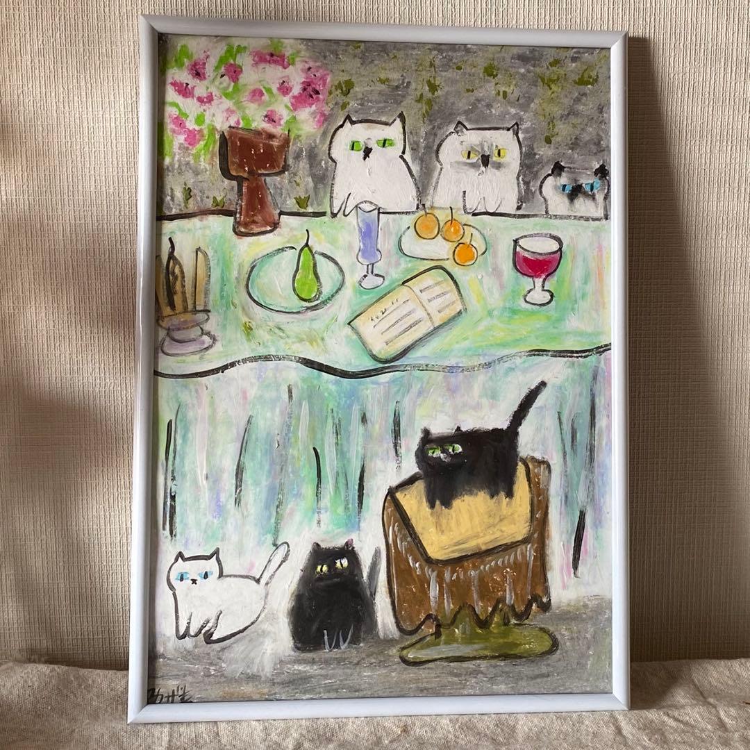 絵画 。手描き【かわいい猫たちが花、ワイン、果物のテーブルを囲んでいる】