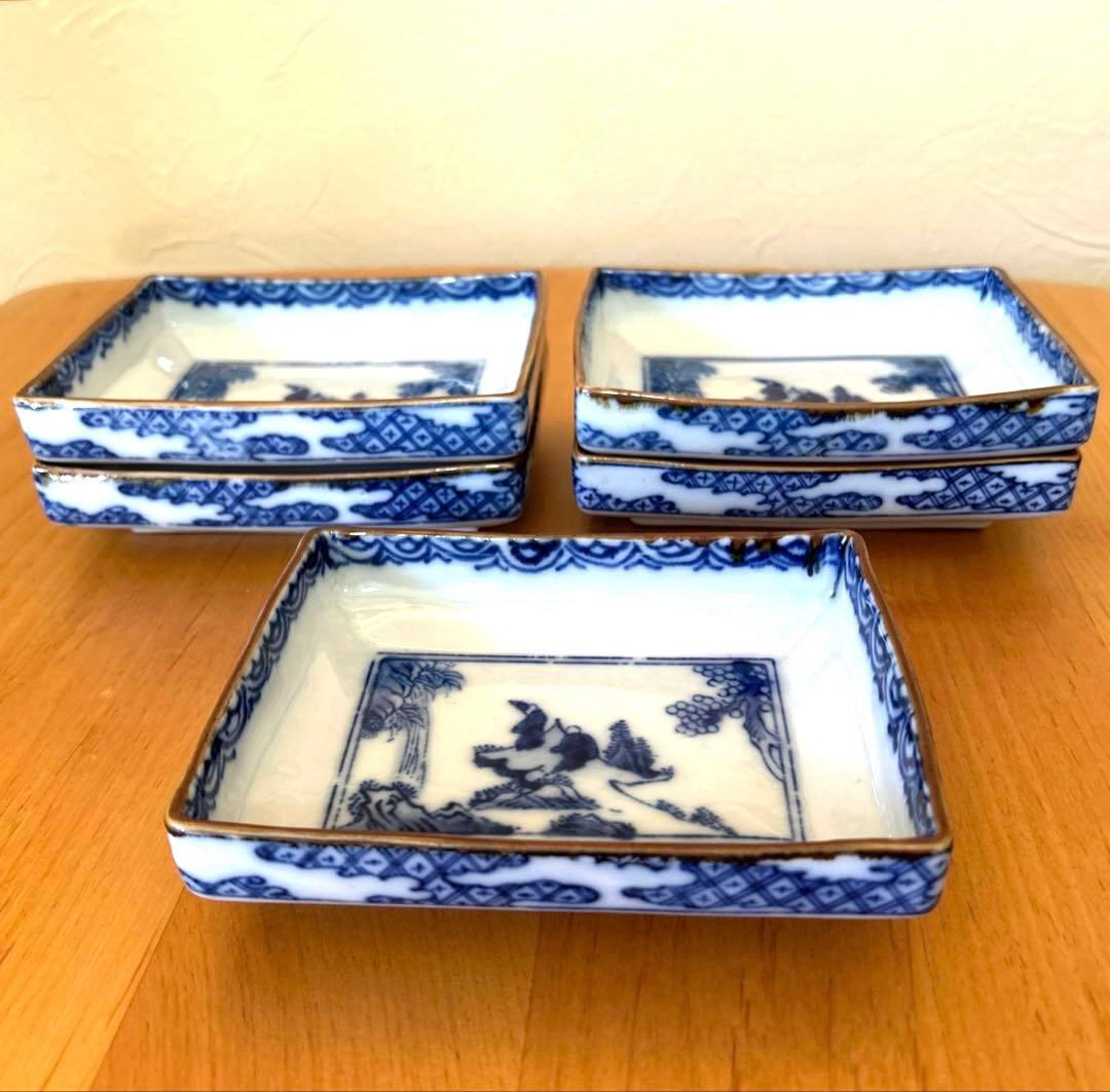 レトロ 山水画染付 角皿5枚 ＆ 小鉢2個 セット - メルカリ