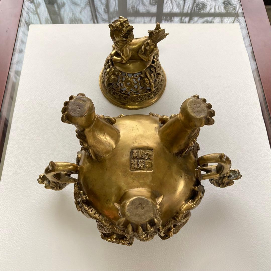 大明宣徳年鋳 香炉 銅製⁇ 真鍮⁇ 獅子 龍 工芸品 美術 大型 置物 レトロ