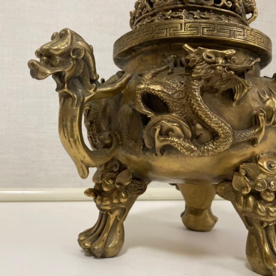 大明宣徳年鋳 香炉 銅製⁇ 真鍮⁇ 獅子 龍 工芸品 美術 大型 置物 レトロ