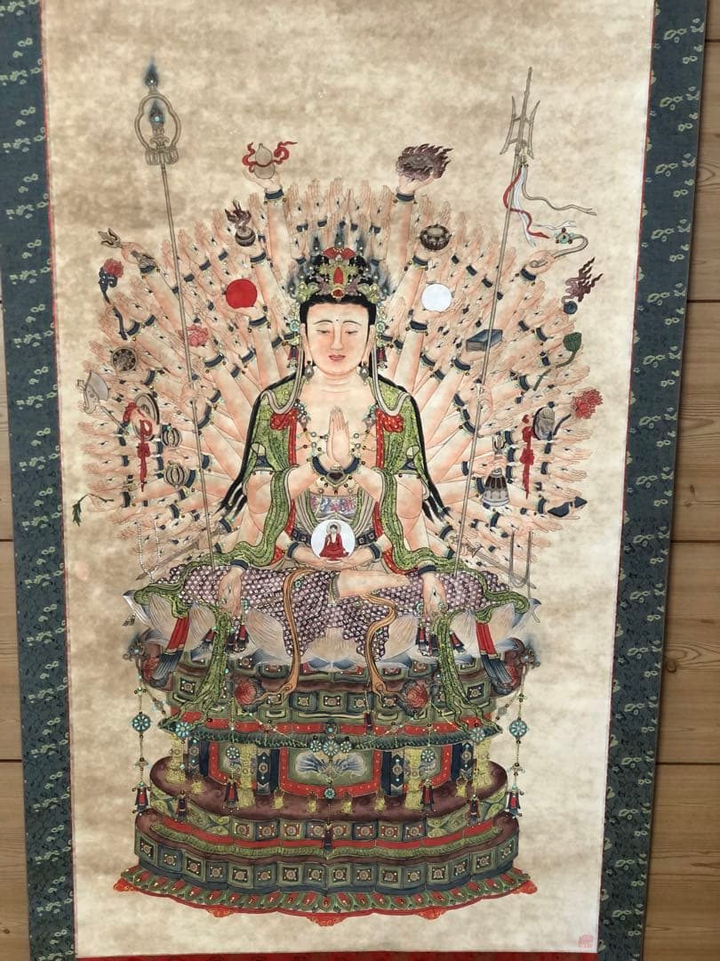 大雁塔 大慈恩寺住職手描き 千手観音菩薩 掛軸 大雁塔 大慈恩寺住職