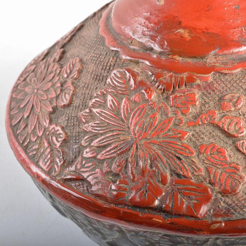 中国 陶堆朱朱泥海鼠釉 刻花文瓶 壷 桐箱付 M