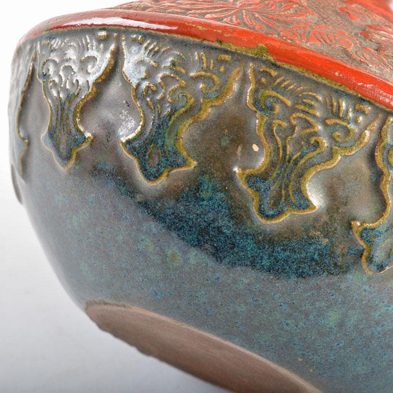 中国 陶堆朱朱泥海鼠釉 刻花文瓶 壷 桐箱付 M