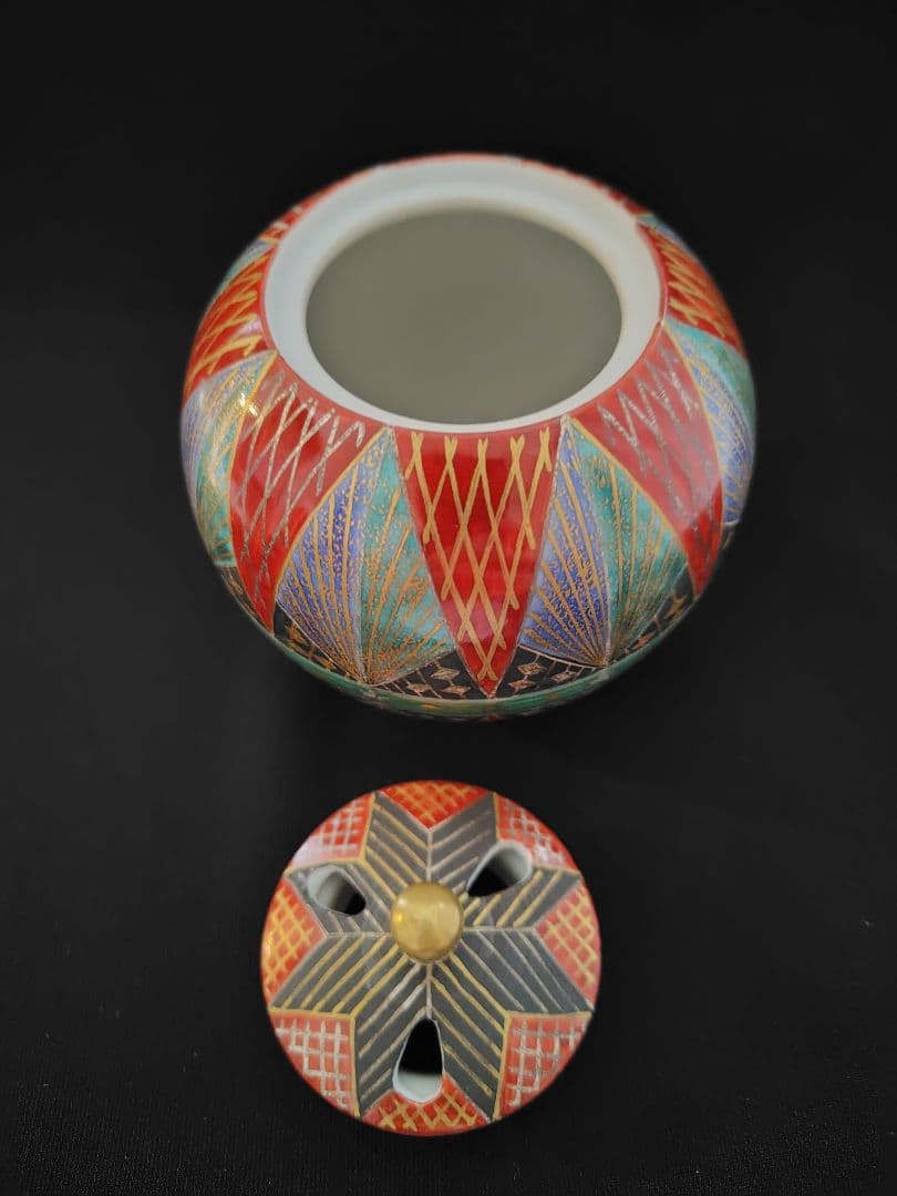 宮本晄(晃) 九谷焼 手まり紋様香炉 共箱共布栞 茶道具