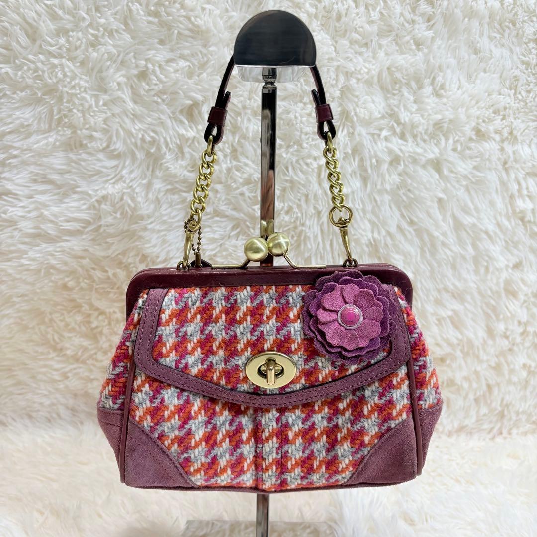 コーチ 8F45 がま口ポーチ ミニバッグ パーティーバッグ ツイード スエード