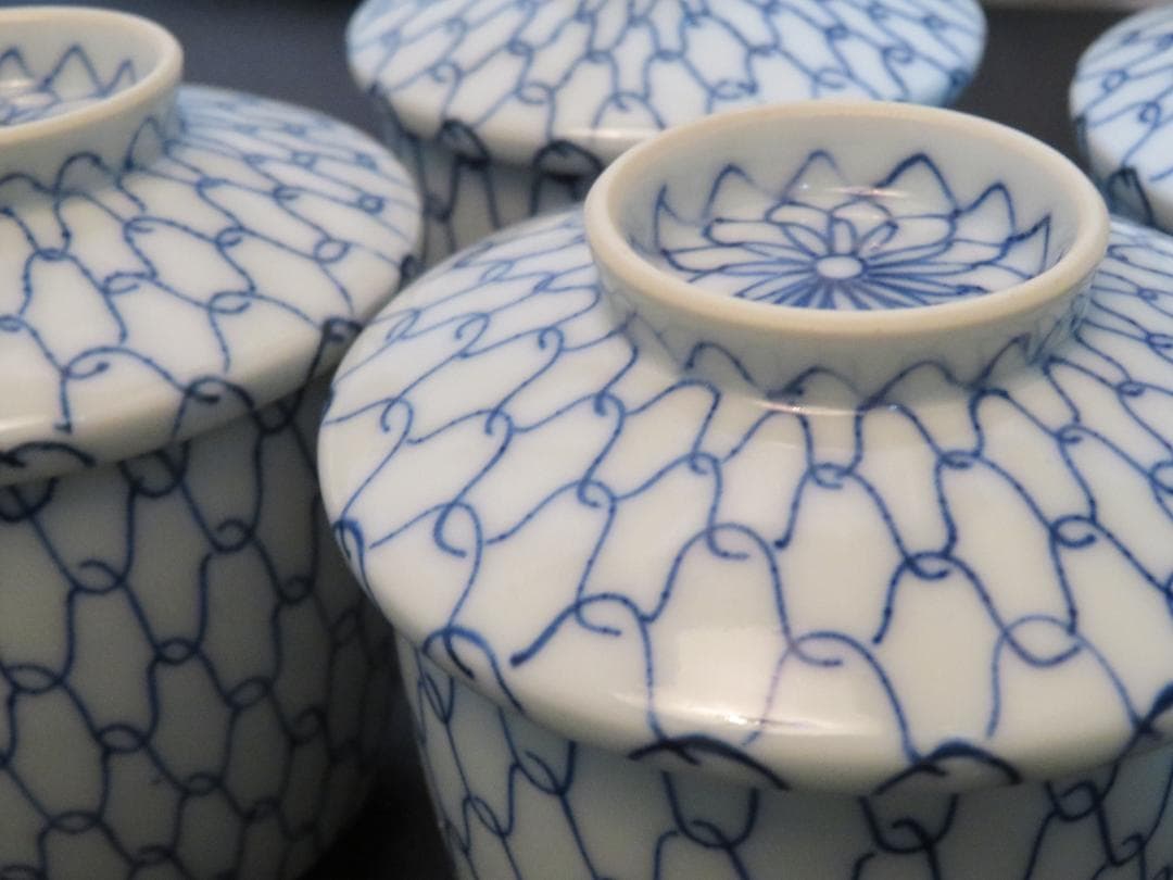 ◇401◇青網蓋付湯呑 芳山 網目 4客 和骨董 japanese