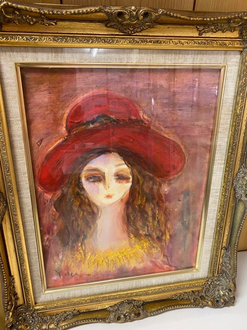 印象派風 女性の肖像画 赤い帽子　額無し