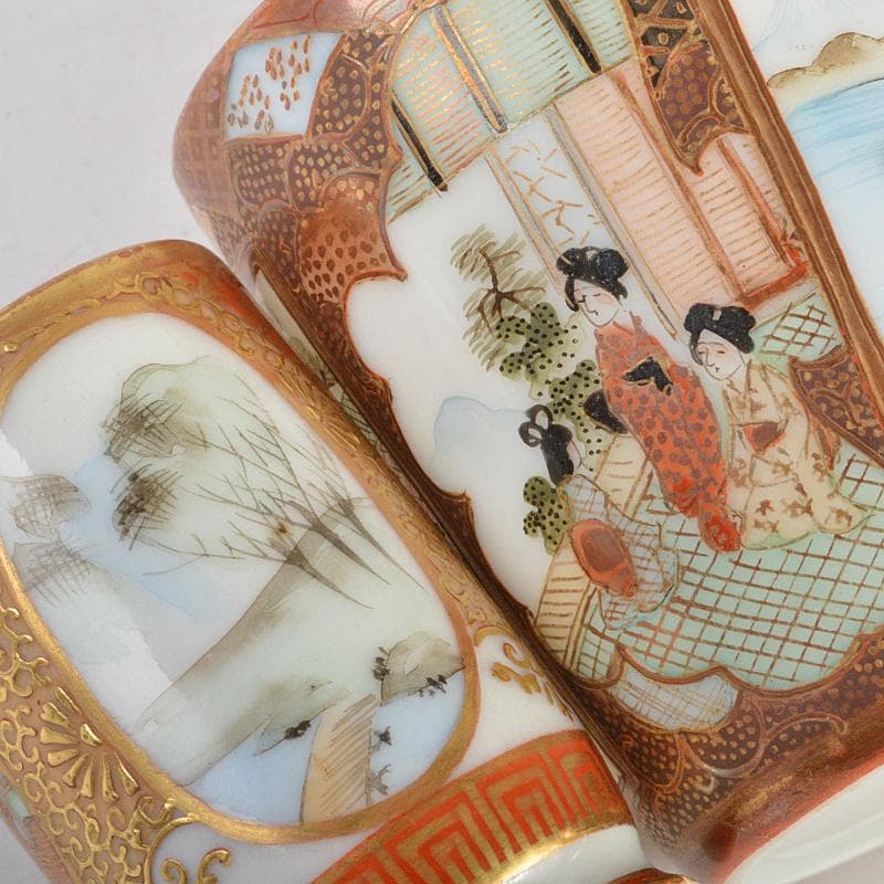 九谷焼　色絵金彩　加賀国　デミカップ　谷口製　酒杯　2点　合せ箱　V　R7000