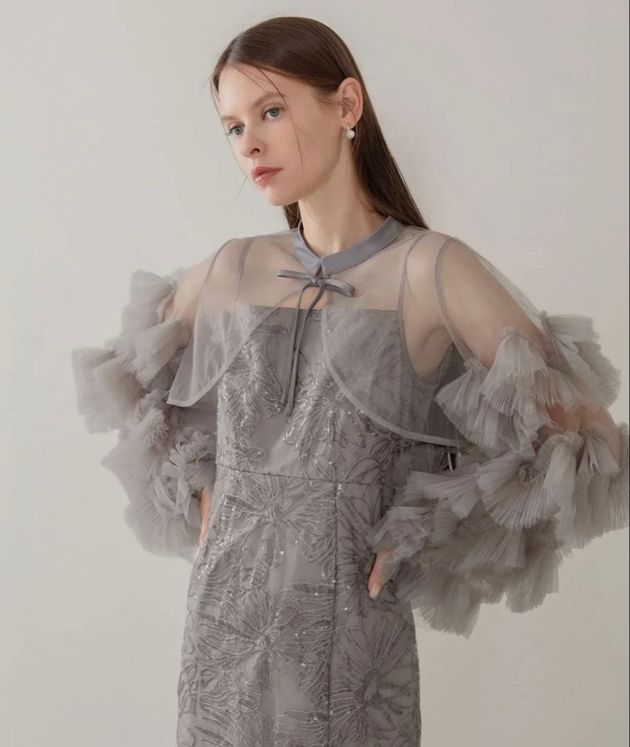 Leja フリルチュールスリーブリボンIラインワンピースドレス S タグ付き