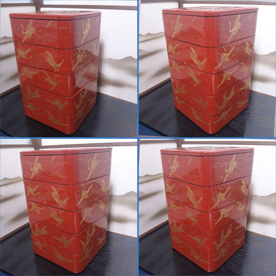 AG82 輪島塗 五段重 朱漆塗 沈金蒔絵 家紋 鶴図 厚塗り 角丸 替蓋 木箱