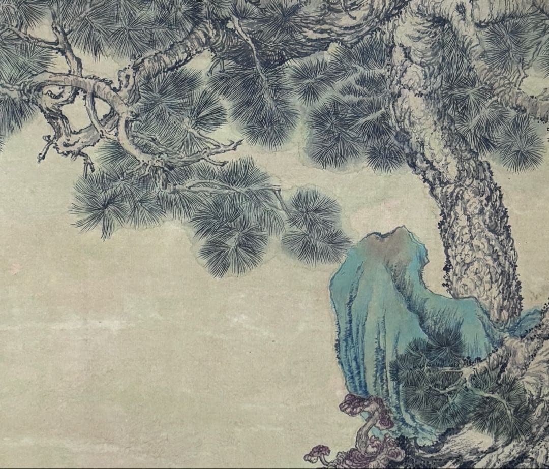 掛軸 水墨画 松鶴図 謝陽画中国 絵画 鶴 松 箱付 張大千大風