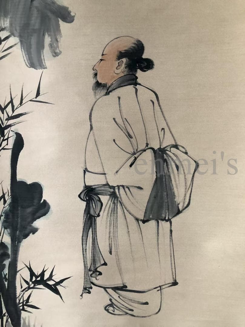 中国古美術・四尺人物と植物掛軸・水墨画・張大千印款・書道品・賞