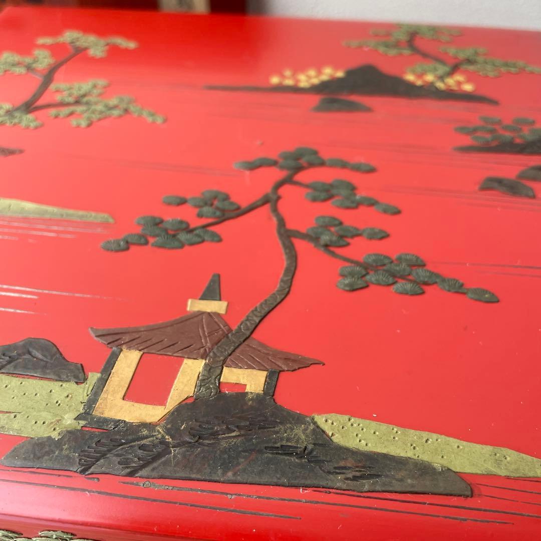 時代物　琉球漆器　重箱　５段　朱塗り　木箱入り　堆錦　東洋骨董　漆器
