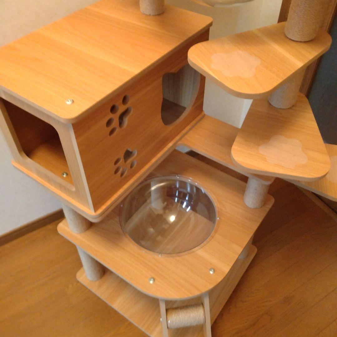 RAKU 木製 キャットタワー ベージュ 宇宙船付き