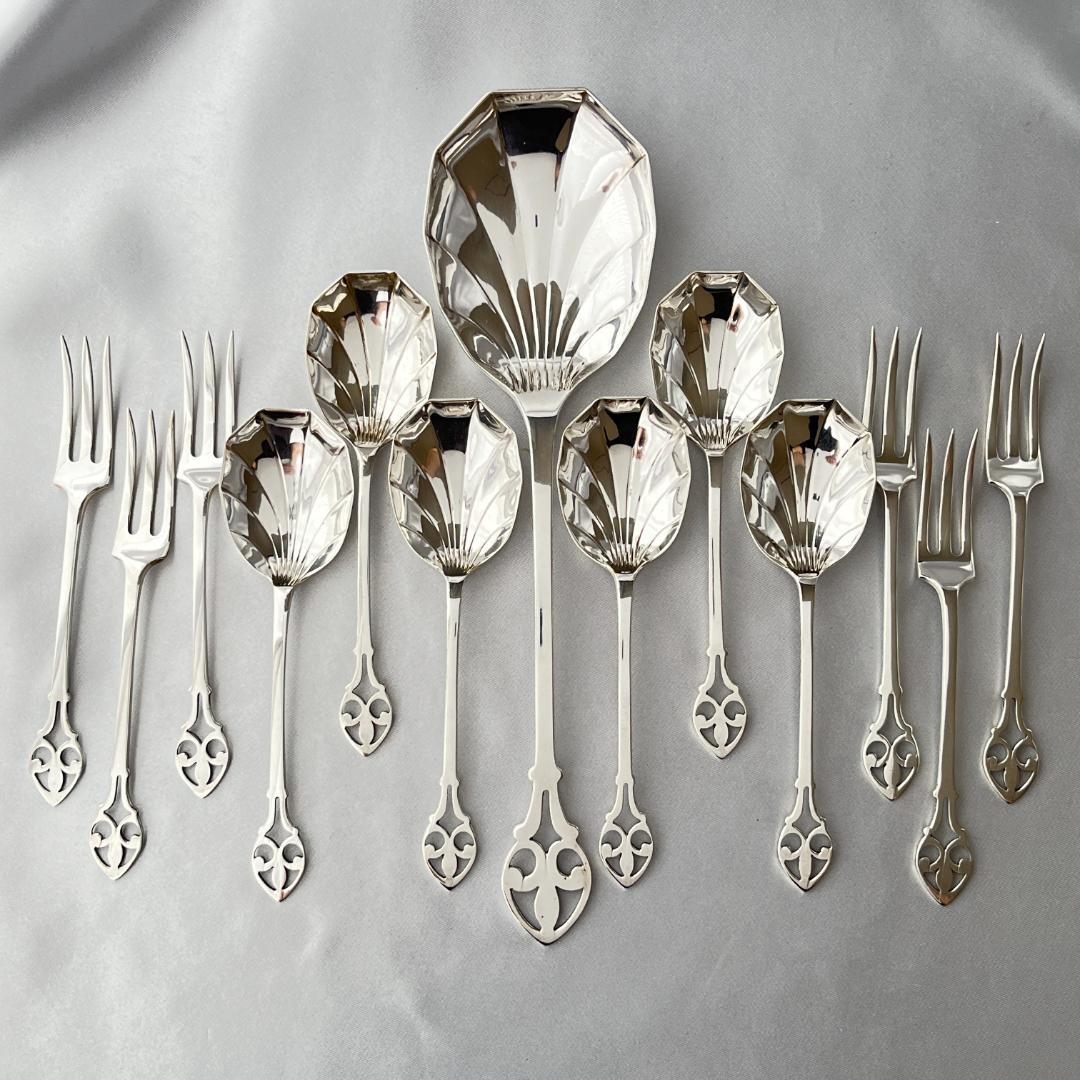 【英国】 透かしのアイスクリームセット スプーン / フォーク サーバー ケース