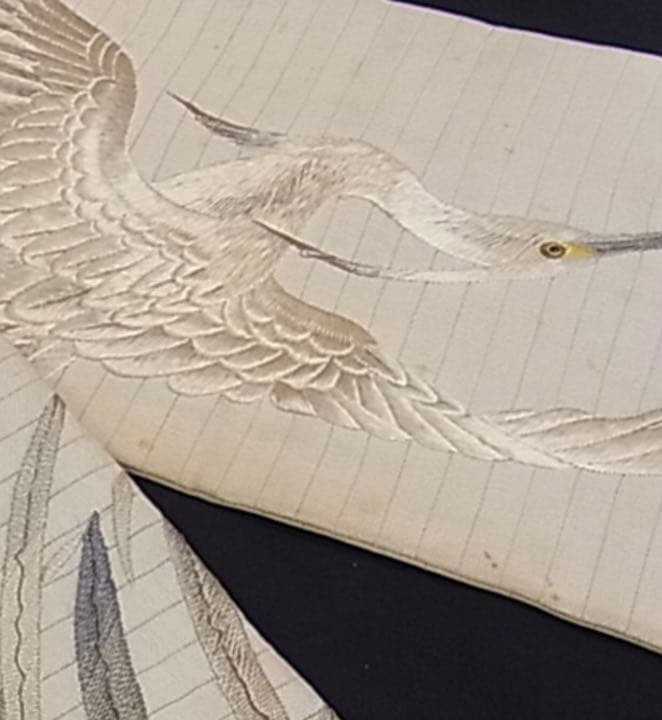 鷺 刺繍QJLLB 特選古美術 正絹夏帯 日本刺繍 アンティーク 九寸名古屋帯
