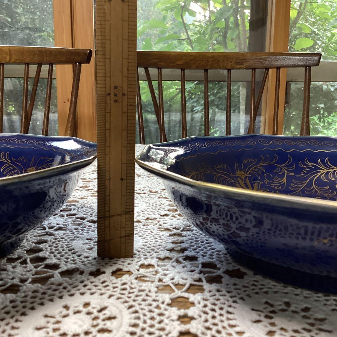 k19 菓子器 菓子鉢 2入 青い陶器皿 金色の花模様 年代物