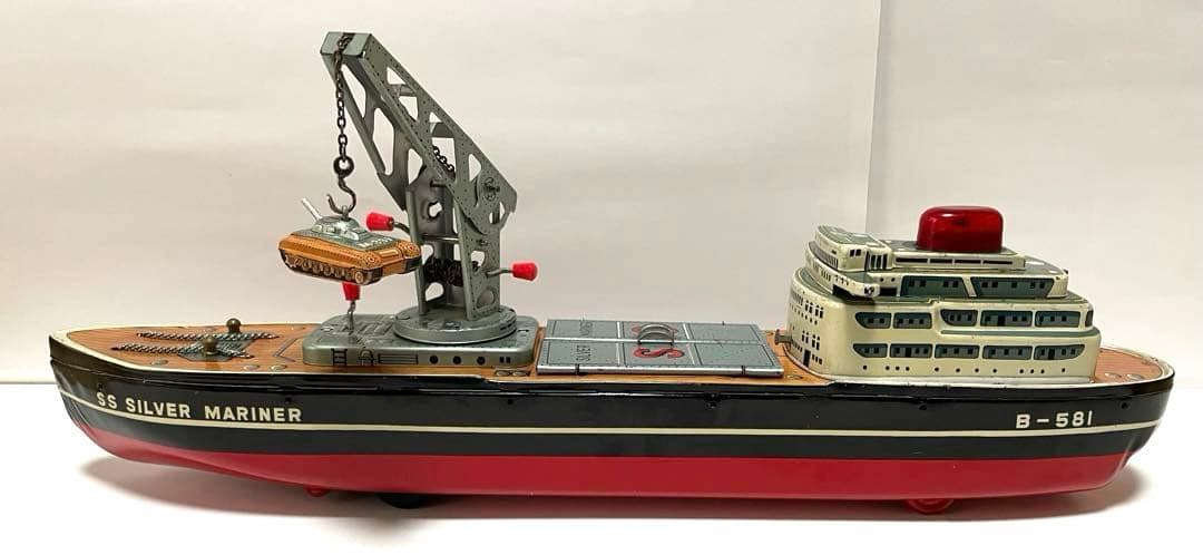 バンダイ 当時物ブリキのおもちゃ【大型クレーン貨物船】S/Sシルバー