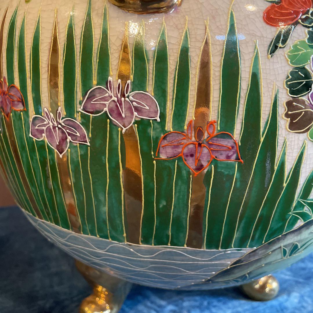 薩摩焼 丸十薩摩 獅子耳花尽香炉三つ足 飾り壺 沈香壺 細密細工【特大