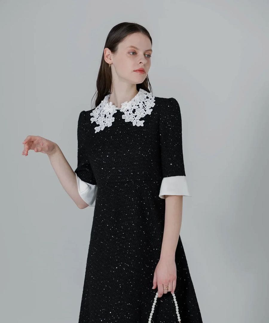 leja】花柄レースカラースパンコールAラインワンピースドレスの通販は