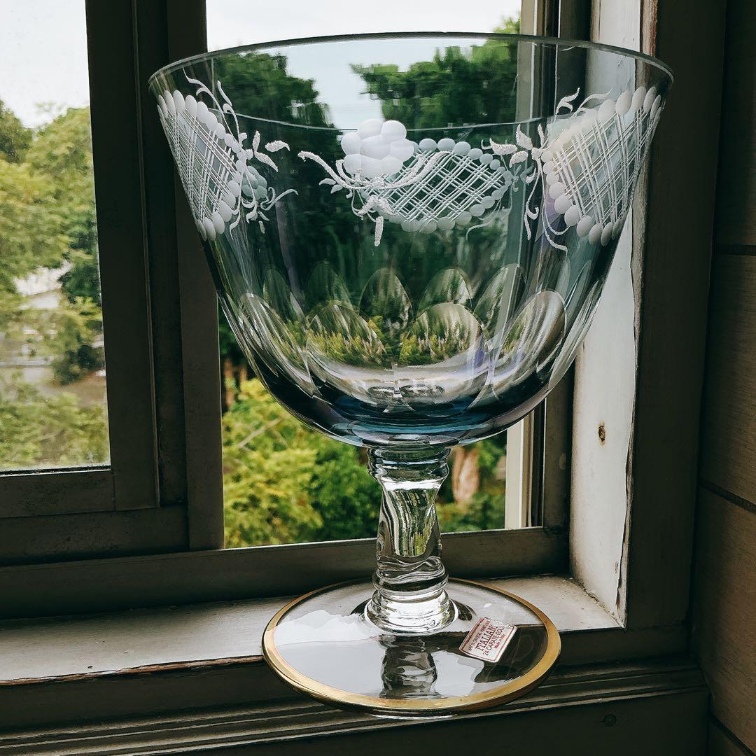 イタリア製 クリスタル ガラス アンティーク 脚付 24金 切子 ブルー