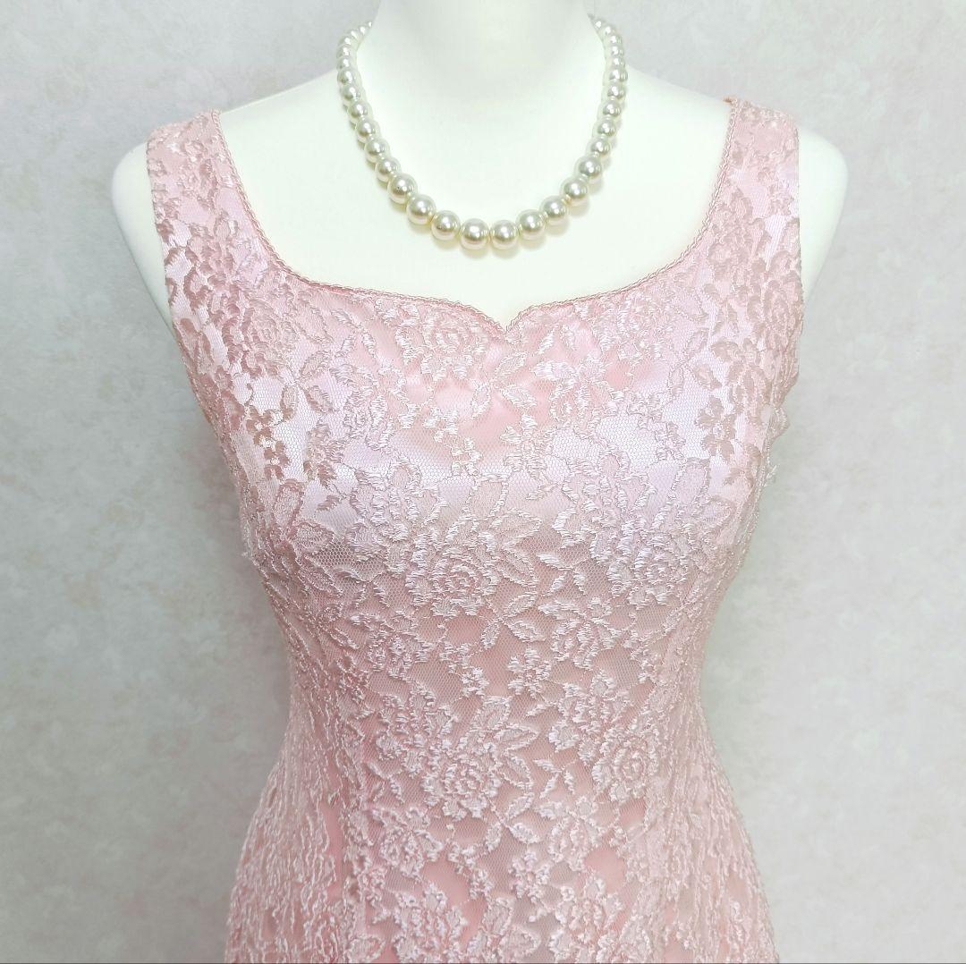【美品】ジュネビビアン 総レース刺繍 ロングドレス イブニングドレス ピンク M