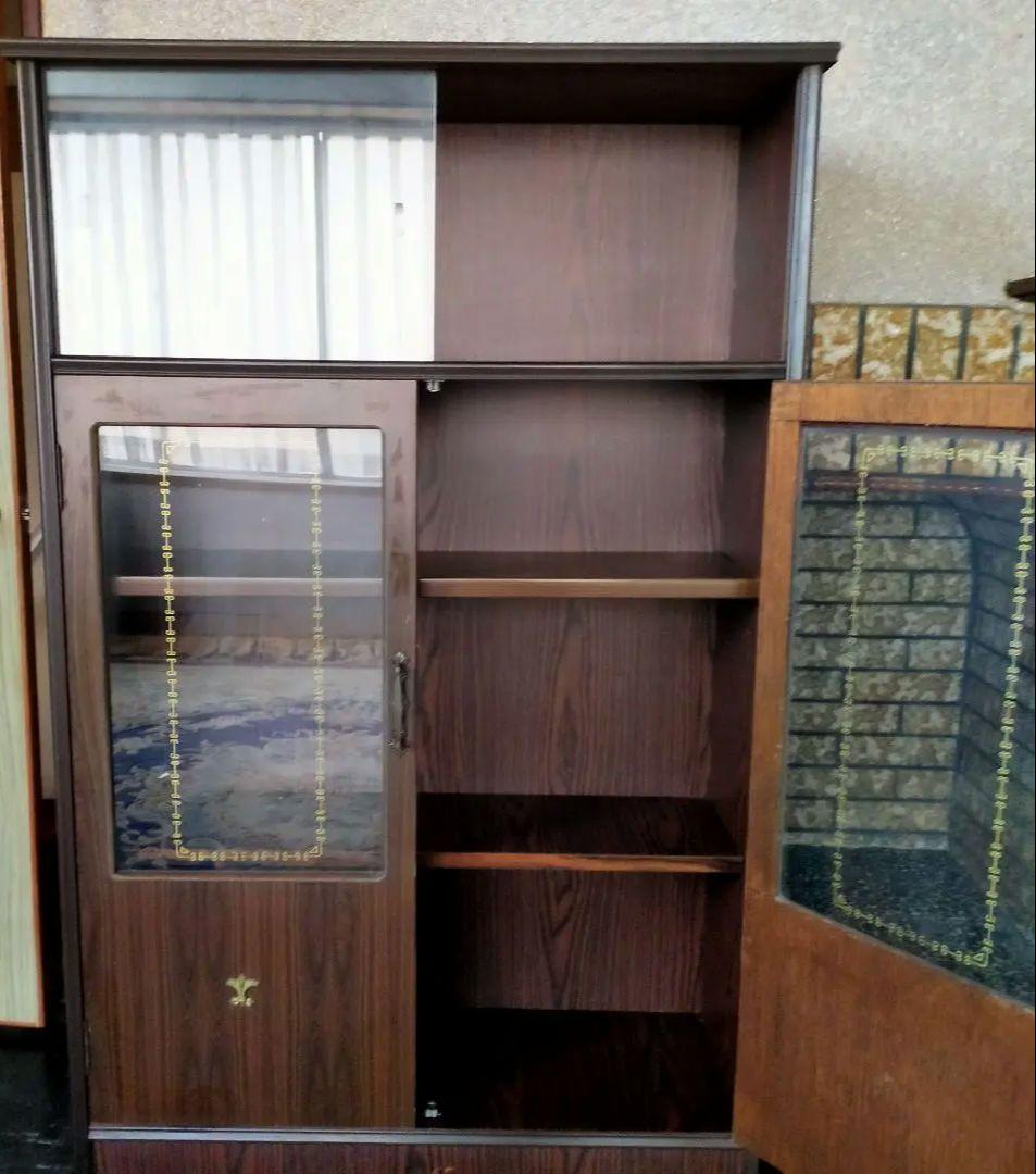 キャビネット 飾り棚 食器棚 本棚 ダークブラウン ガラス扉付き 昭和