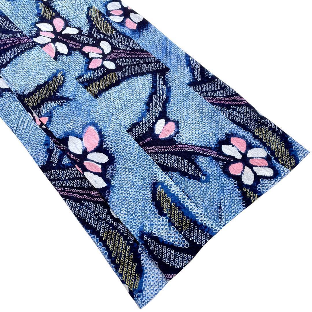 有松鳴海絞り 夏着物 浴衣 綿 菖蒲 水色 手縫い ビンテージ A-2390