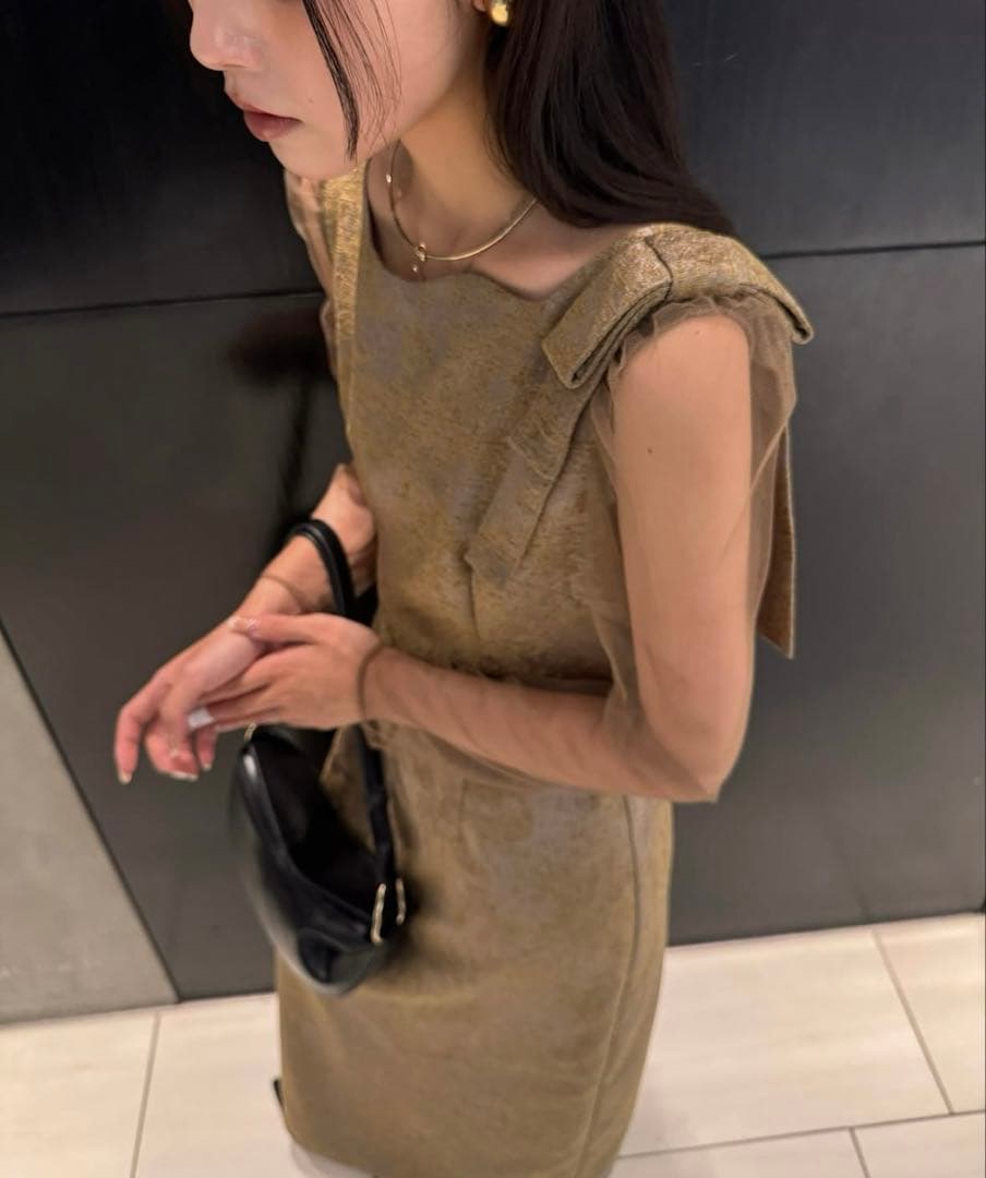 LE'RURE Shoulder ribbon jacquard dress