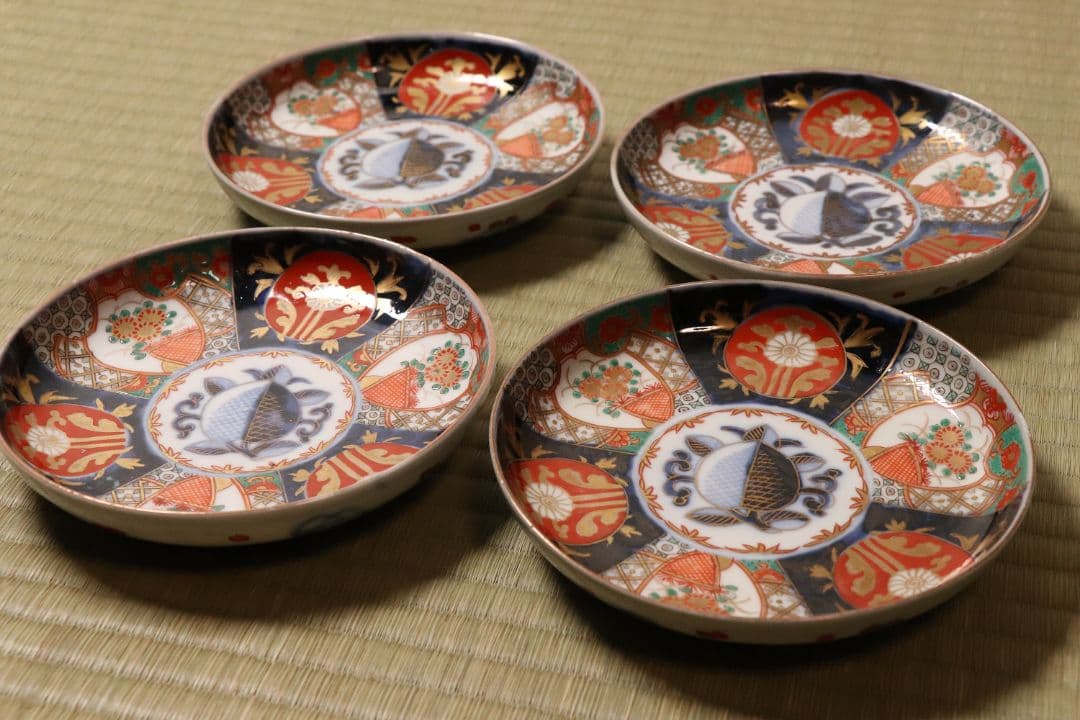 【CM48】古伊万里 色絵 五寸皿 四客 中皿 金彩 錦手 柘榴 花篭 草花