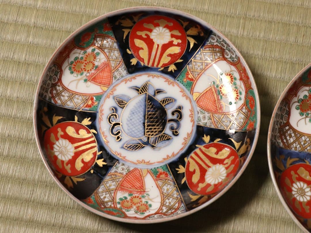 【CM48】古伊万里 色絵 五寸皿 四客 中皿 金彩 錦手 柘榴 花篭 草花