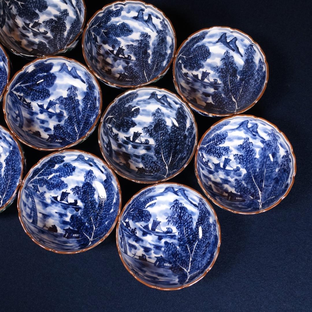 京焼名工 馬場京泉 染付色絵 柘榴に山水風景文 向付 10客