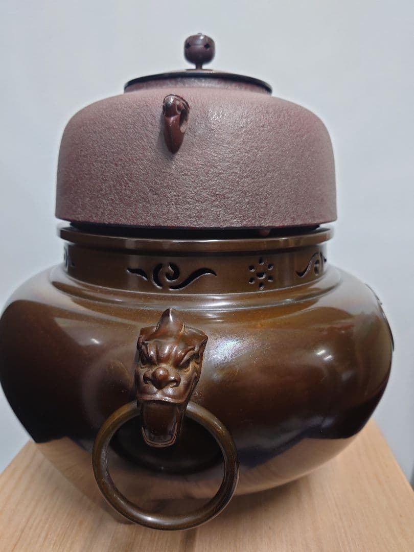 最終価格 茶道具 人間国宝 高橋敬典 平丸釜添 金谷浄雲 唐銅鬼面風炉 共箱