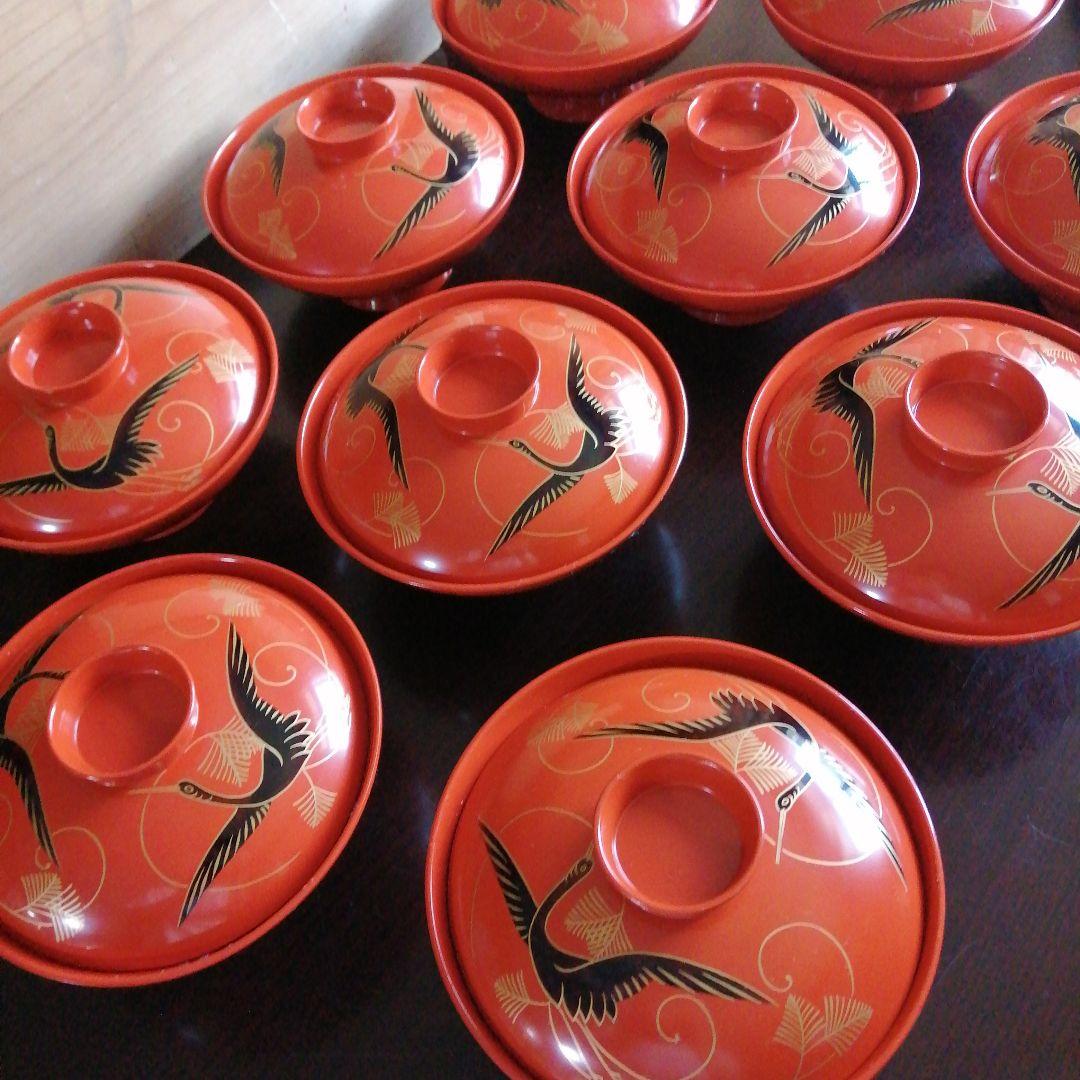 輪島塗　塗朱蒔絵炊合椀　10客　16.8cm　大正～明治期