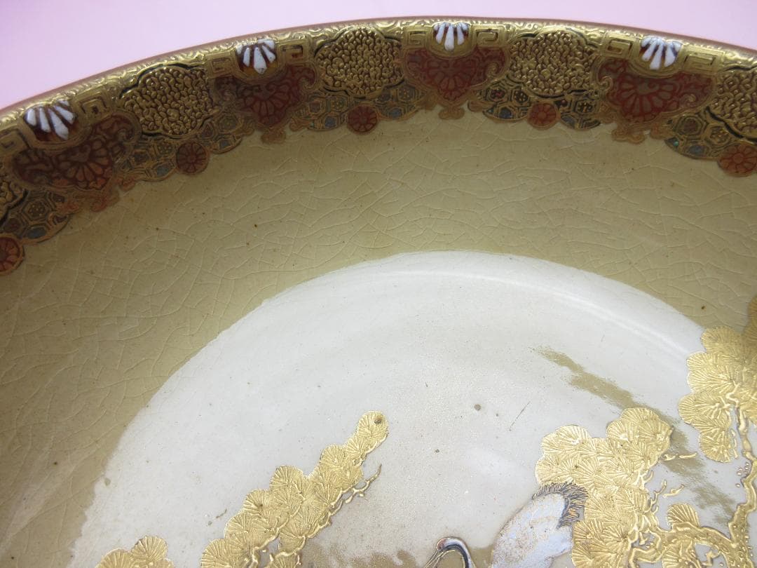 時代 九谷 雪花 金彩 鶴紋 茶碗 検) 明治期 大正期 昭和期 70916