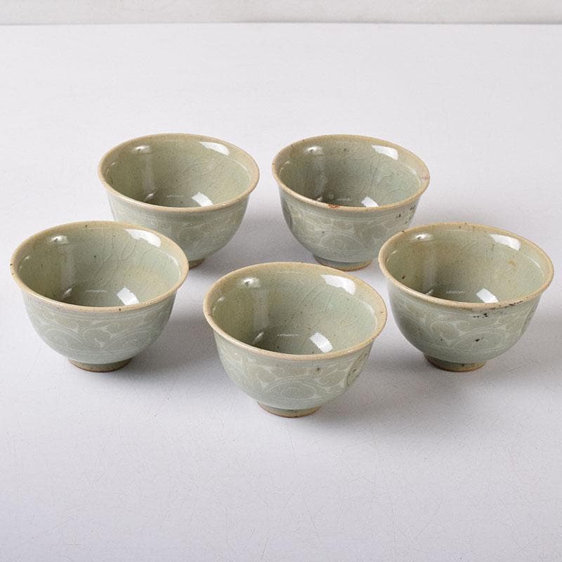 韓国人間文化財　柳海剛（柳根瀅）作　高麗青磁　煎茶碗　五客　共箱　V　R8497