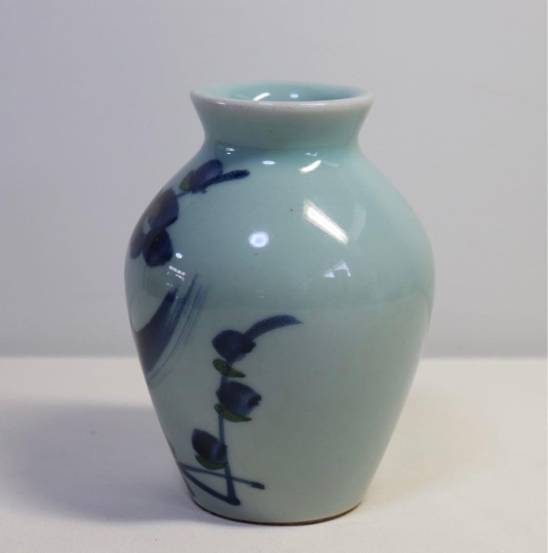 中国　民国期　豆釉釉下藍緑彩小瓶　送料込み0831