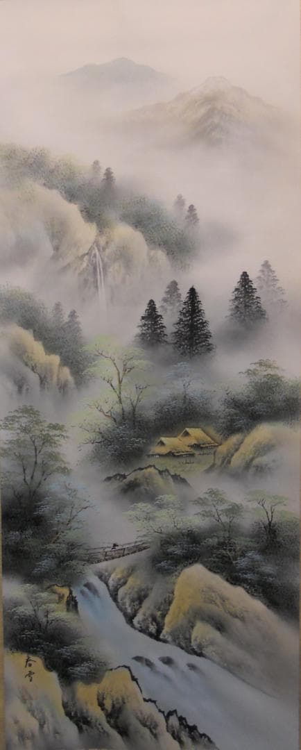 掛け軸 春雪 彩色山水 絹本 希少 軸装 茶道具 掛軸 美品 です。 掛け軸 春堂 彩色山水 絹本 希少 軸装 茶道具 掛軸 美品 です。