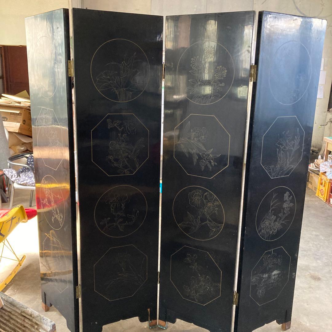 高級 天水中国 飛天漆器 螺鈿彫刻 屏風 天然木 4枚 パーテーション