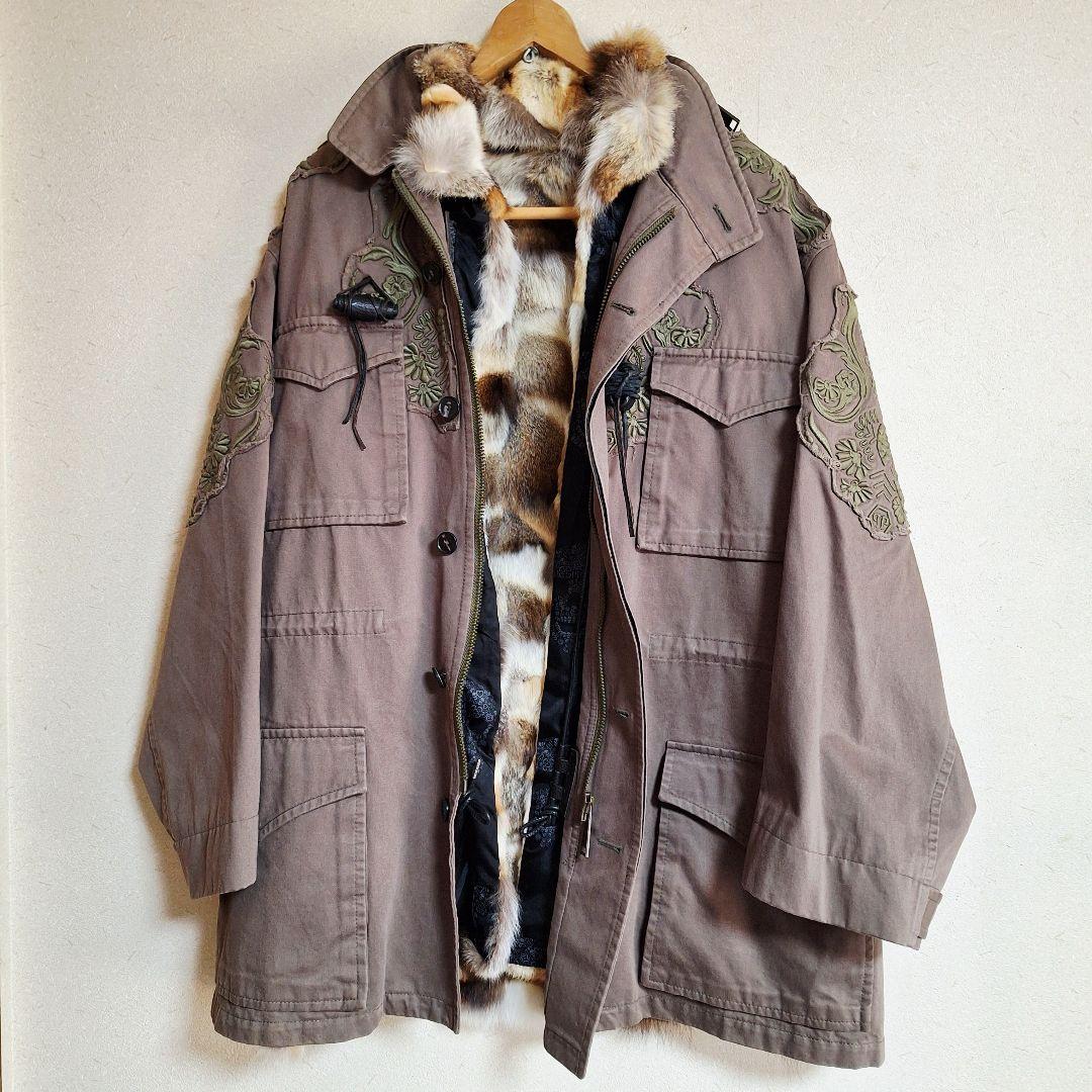 フィリッププレイン 裏地マルチカラ ーラビットファー付 スカル刺繍 ハーフコート