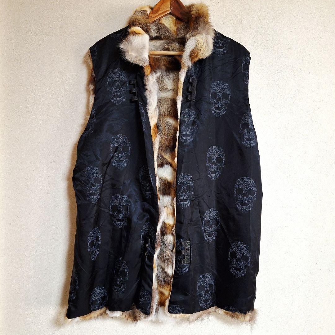 フィリッププレイン 裏地マルチカラ ーラビットファー付 スカル刺繍 ハーフコート