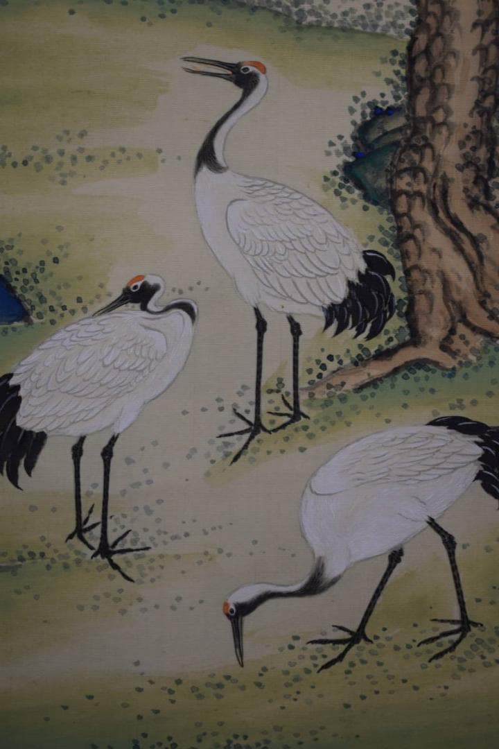 真作/皐月鶴年/祝事山水松鶴画賛/布袋屋掛軸HH-423