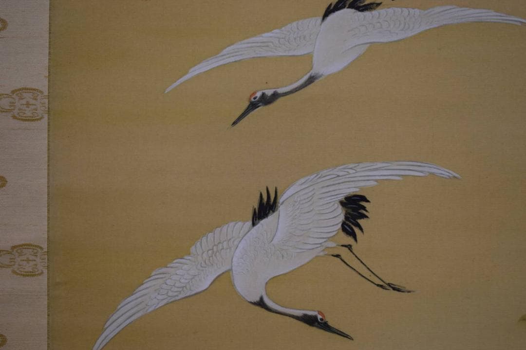 真作/皐月鶴年/祝事山水松鶴画賛/布袋屋掛軸HH-423