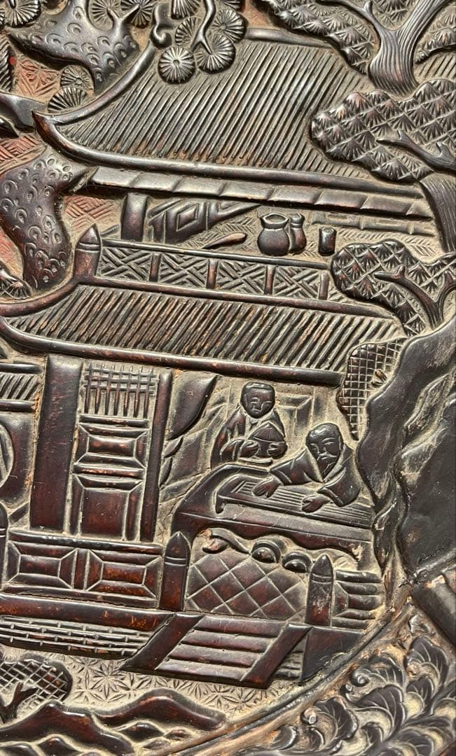 浮世絵風彫刻の漆器皿 アンティーク