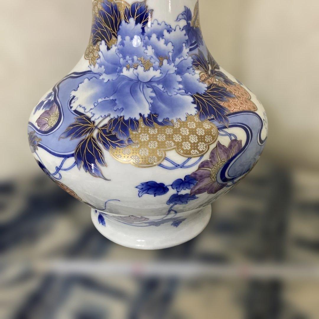 明治時代　オールド初期香蘭社　金彩牡丹染錦花瓶